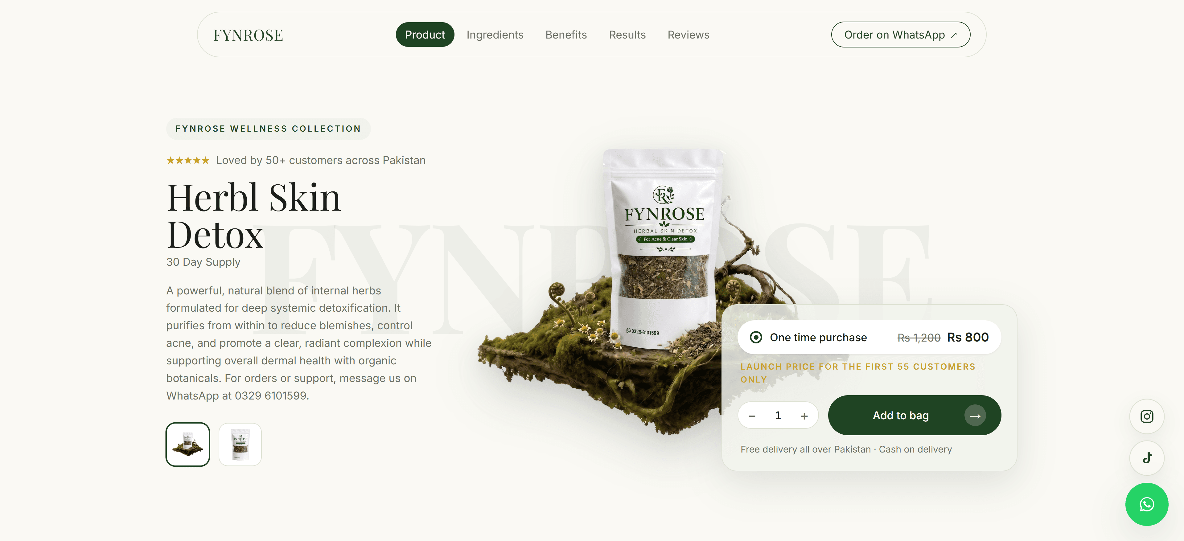 Fynrose hero section for the Herbal Skin Detox product