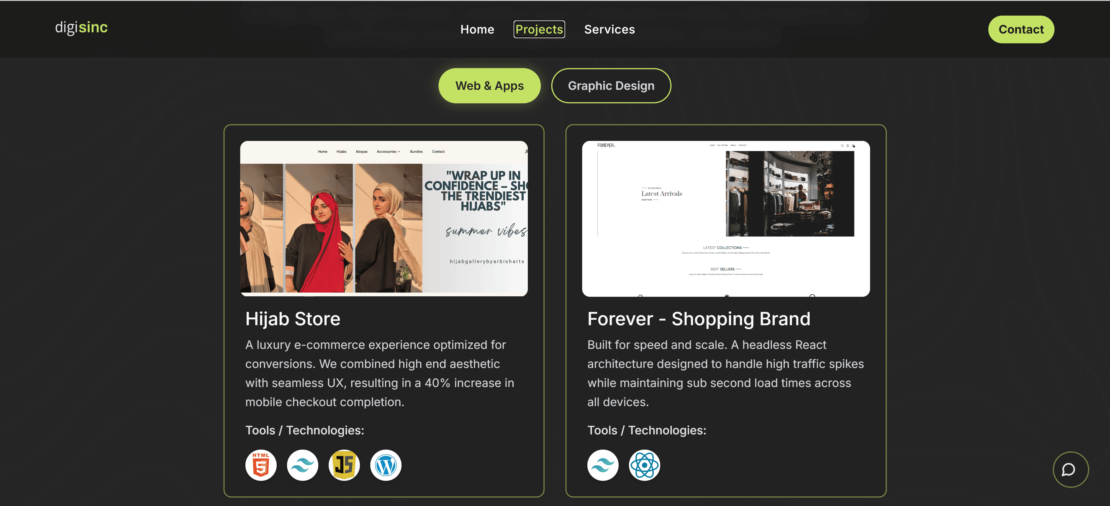 Projects section showing web and app case studies