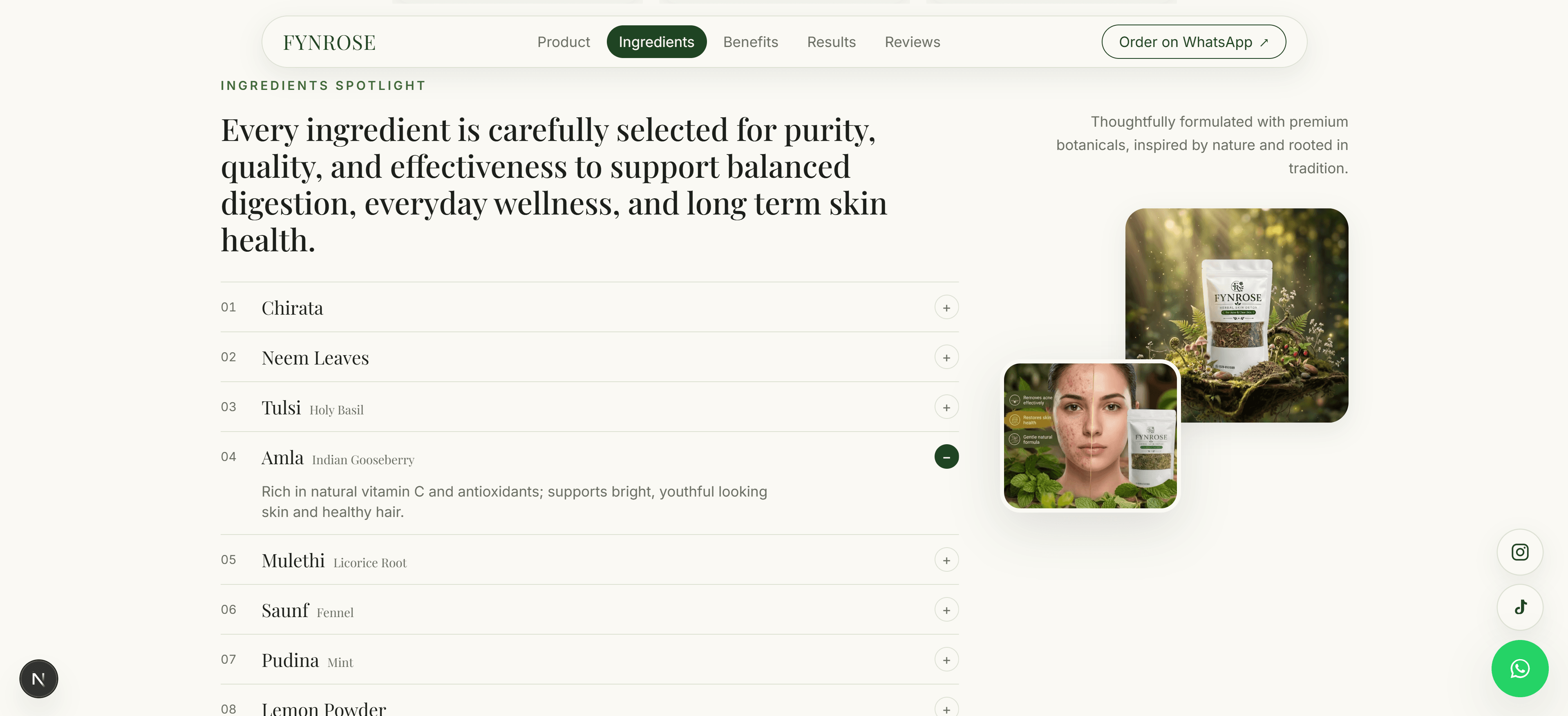 Ingredients section listing each herb and its benefit
