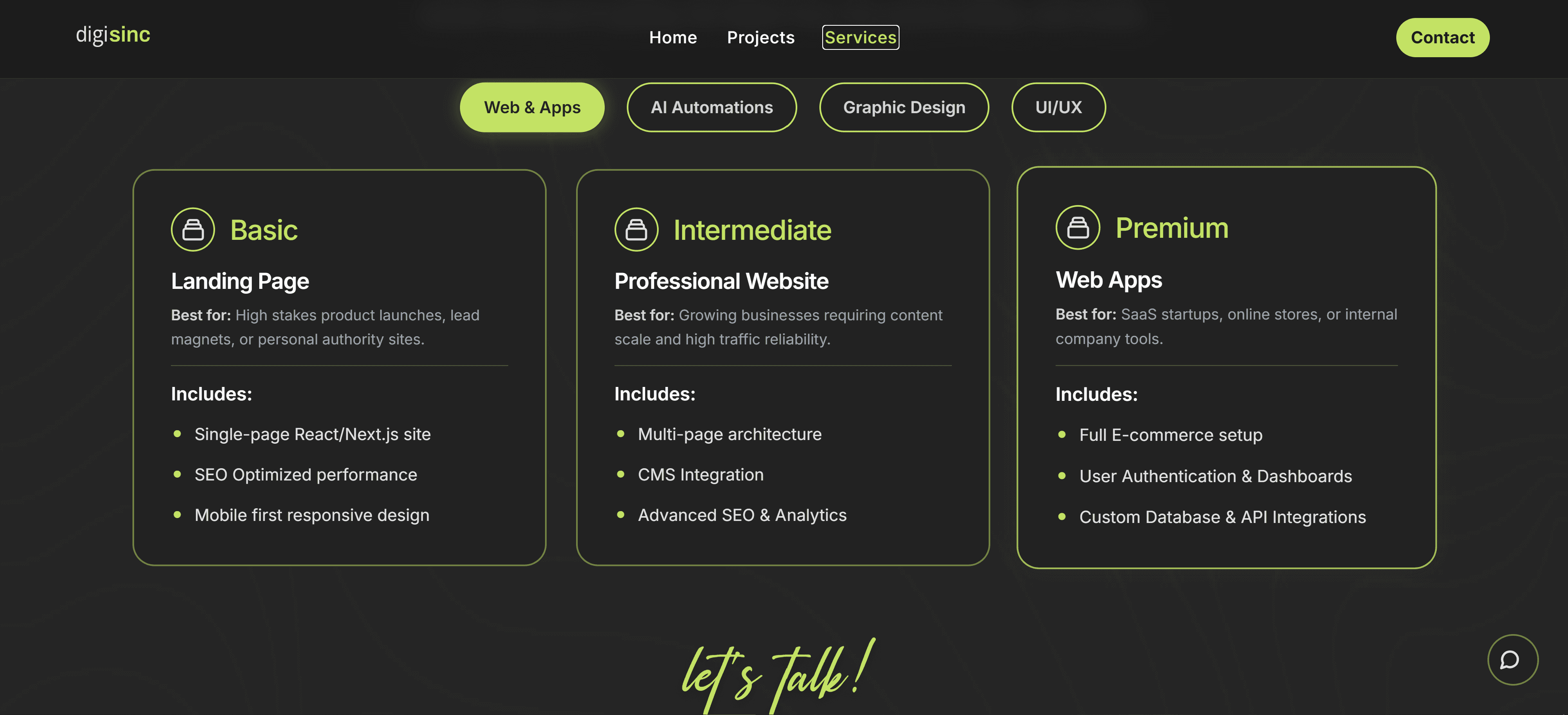 Pricing tiers for landing pages, websites and web apps