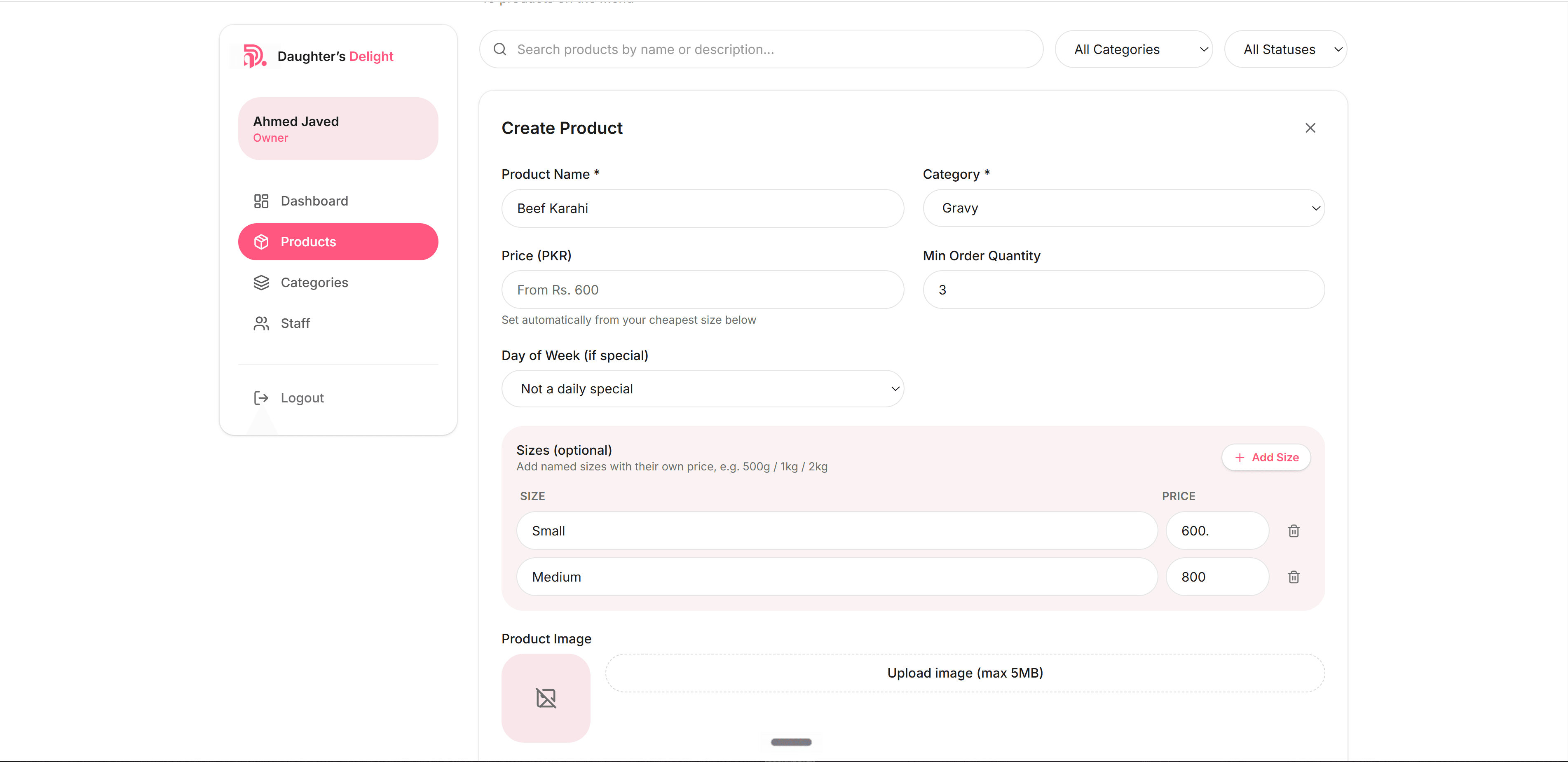 Admin panel for creating products