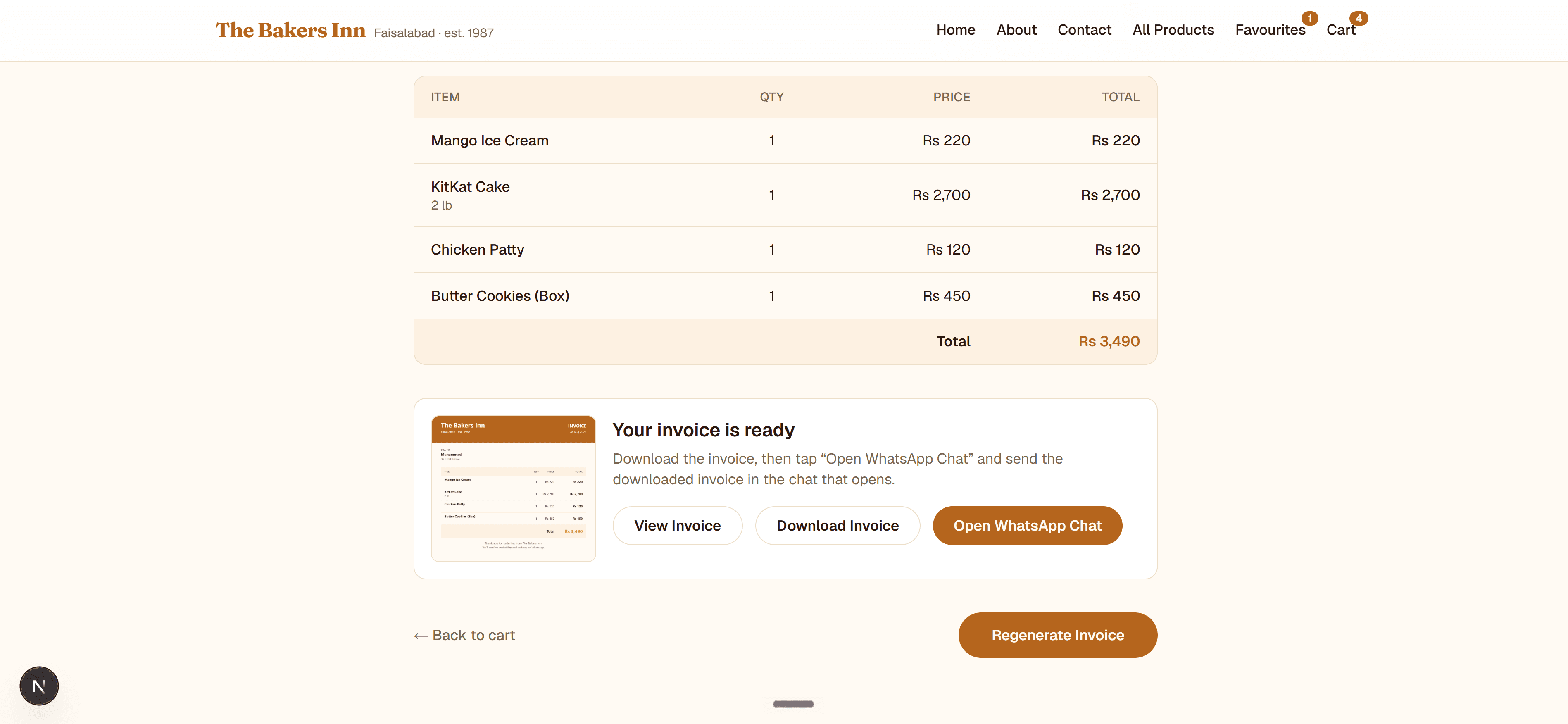 Cart page with order summary and invoice ready to send