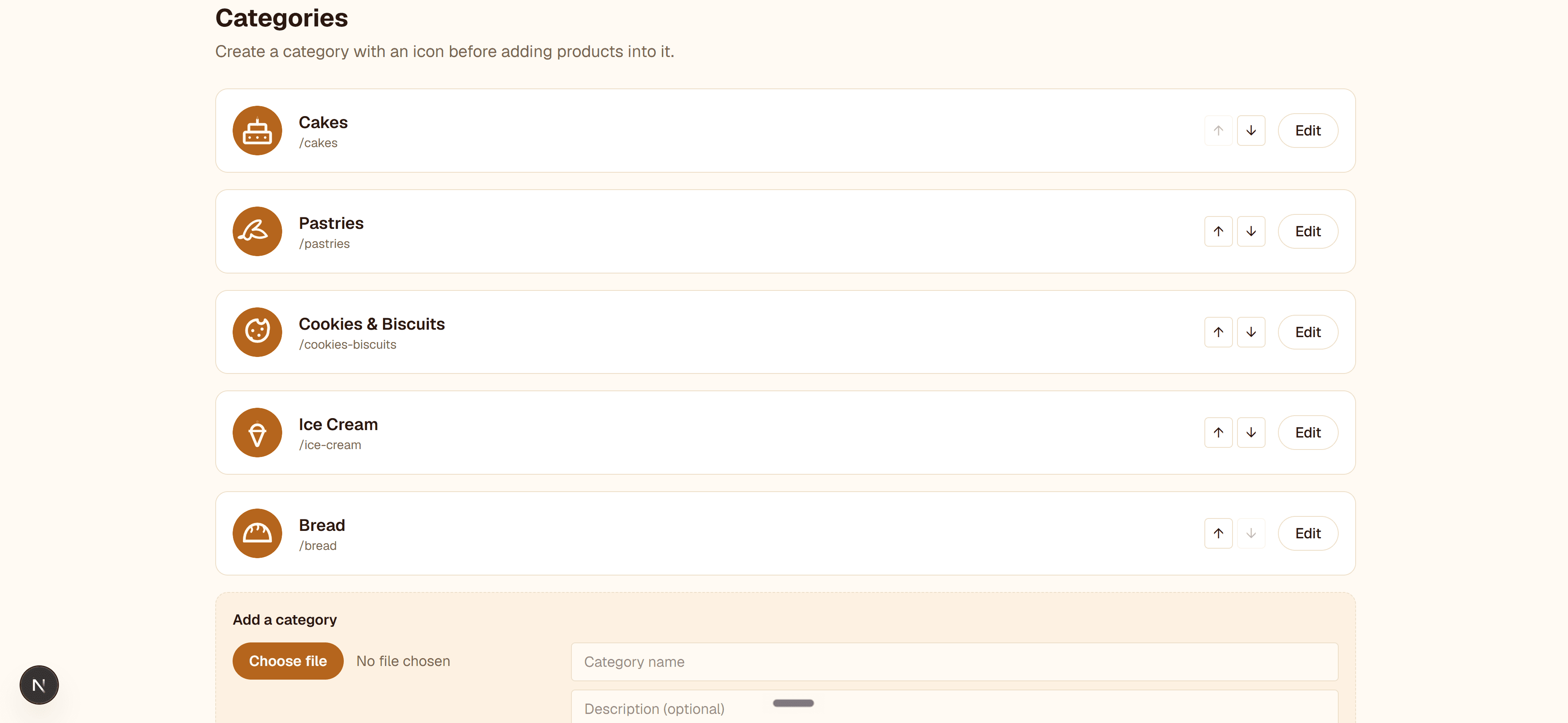 Admin categories page for creating and ordering product categories