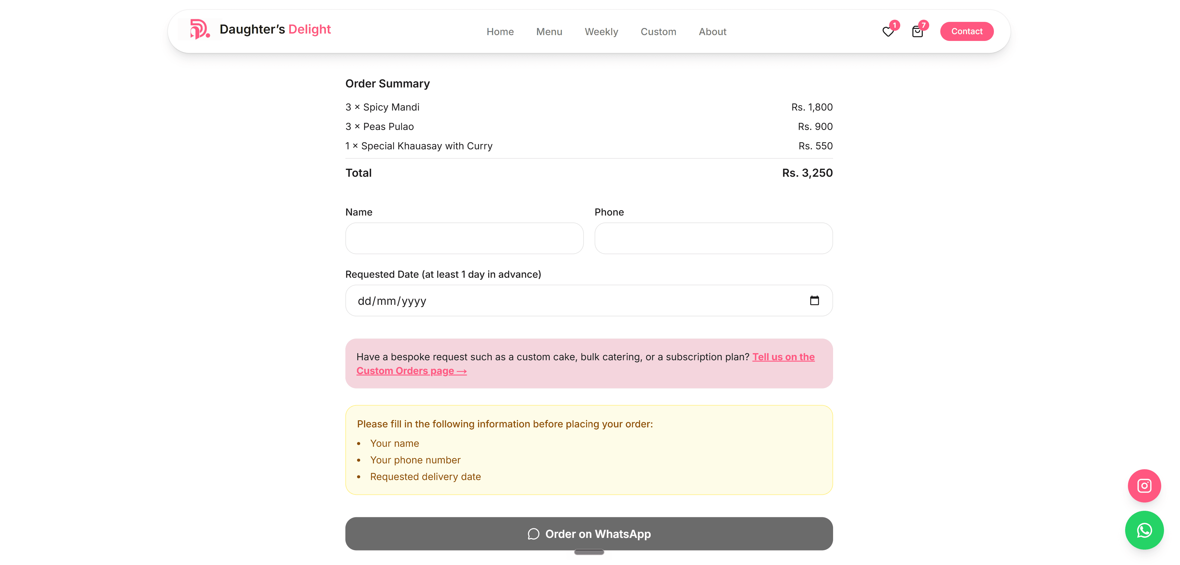Checkout page with order summary and WhatsApp ordering