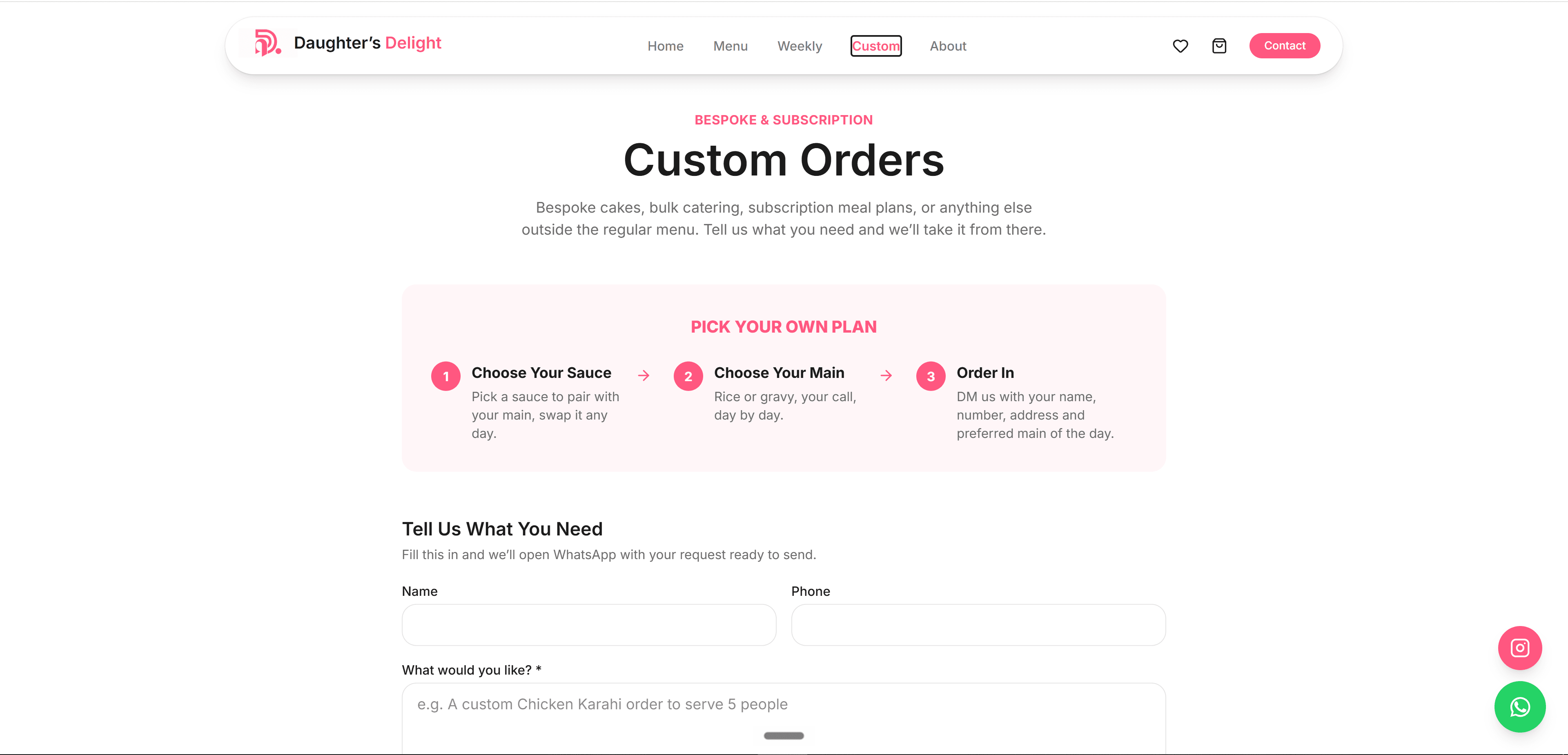 Custom orders page with a three-step meal plan form