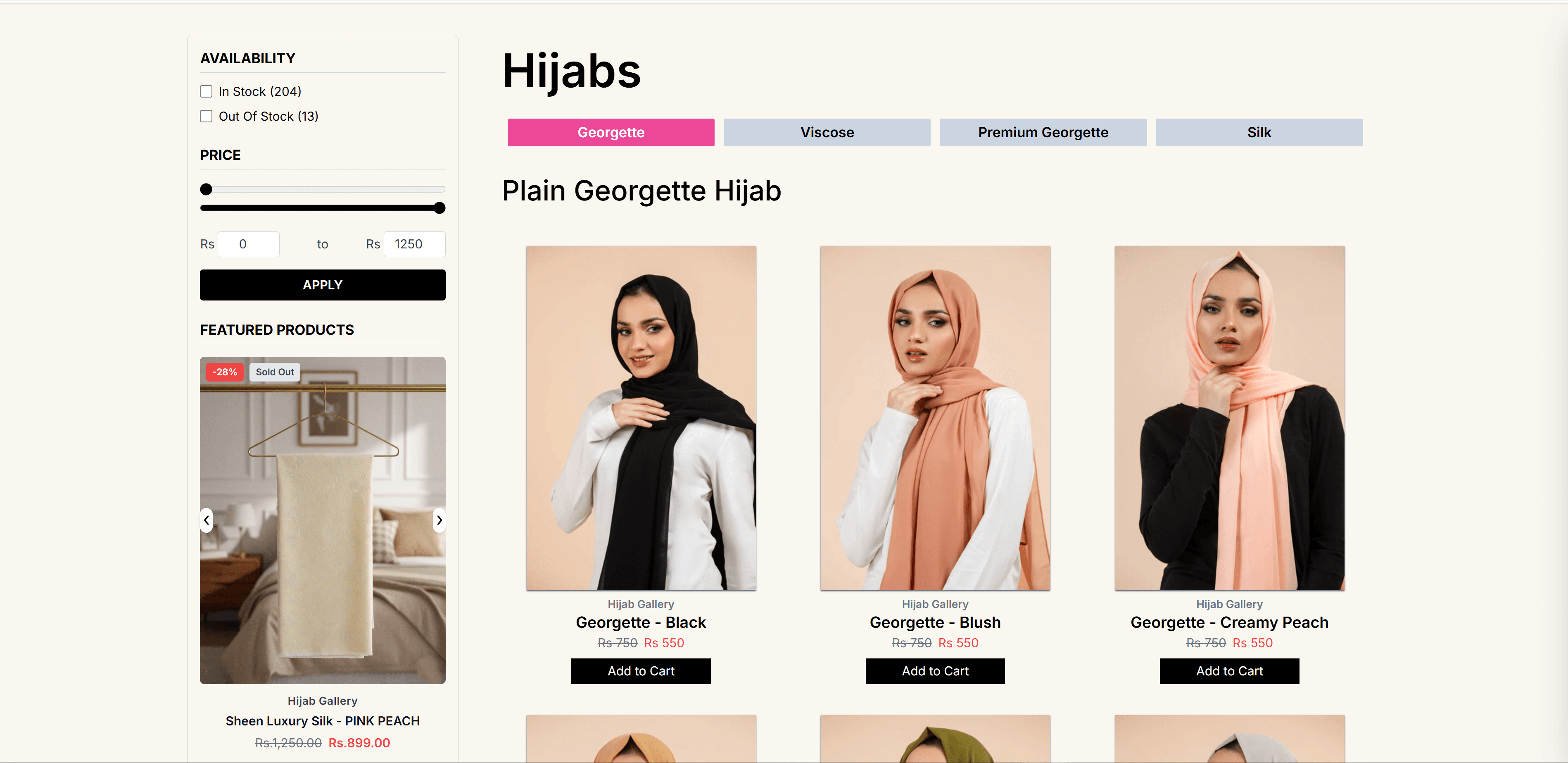 Hijabs catalog with fabric filters and price range