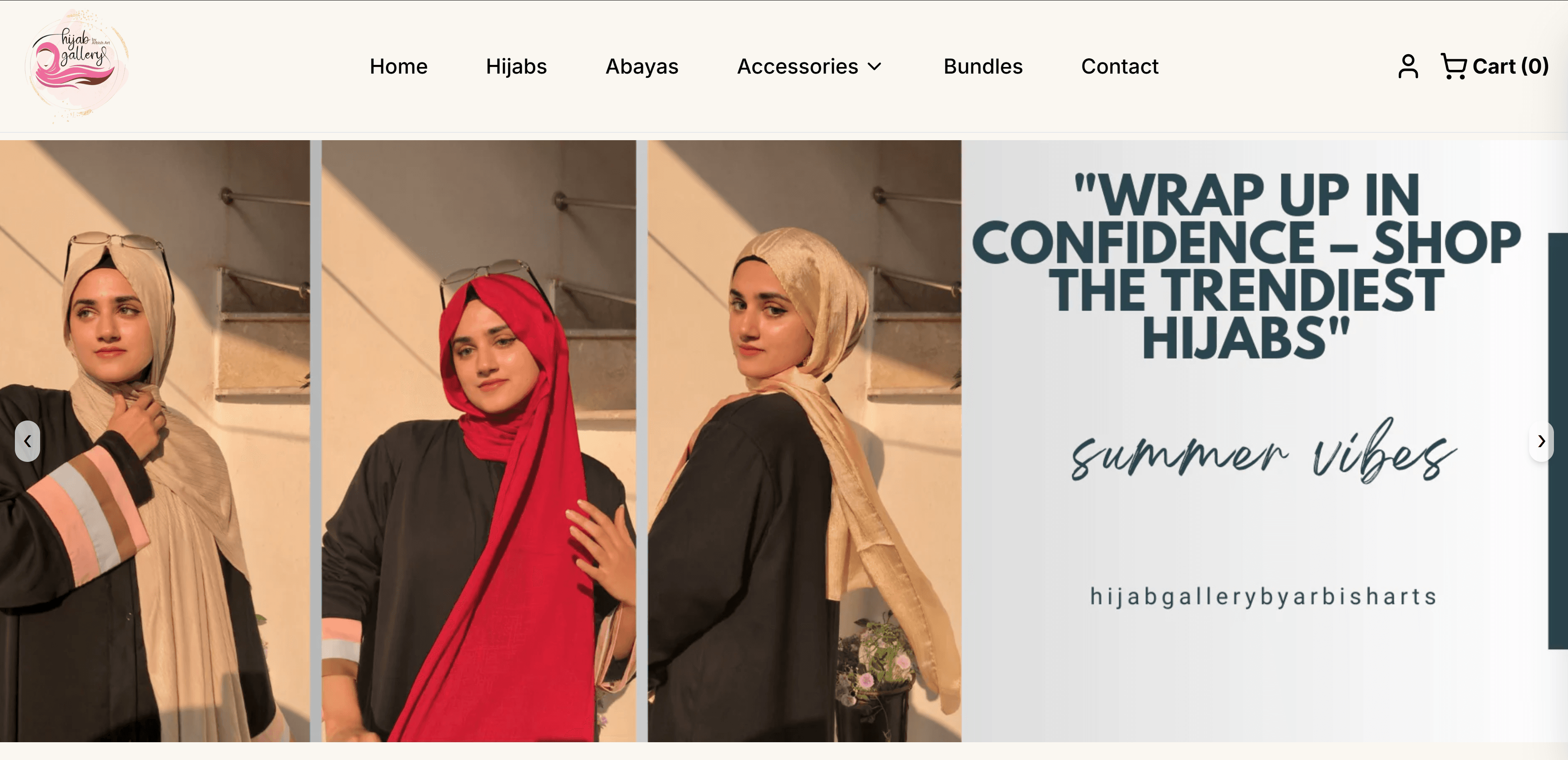 Hijab Gallery home page with a campaign banner and models