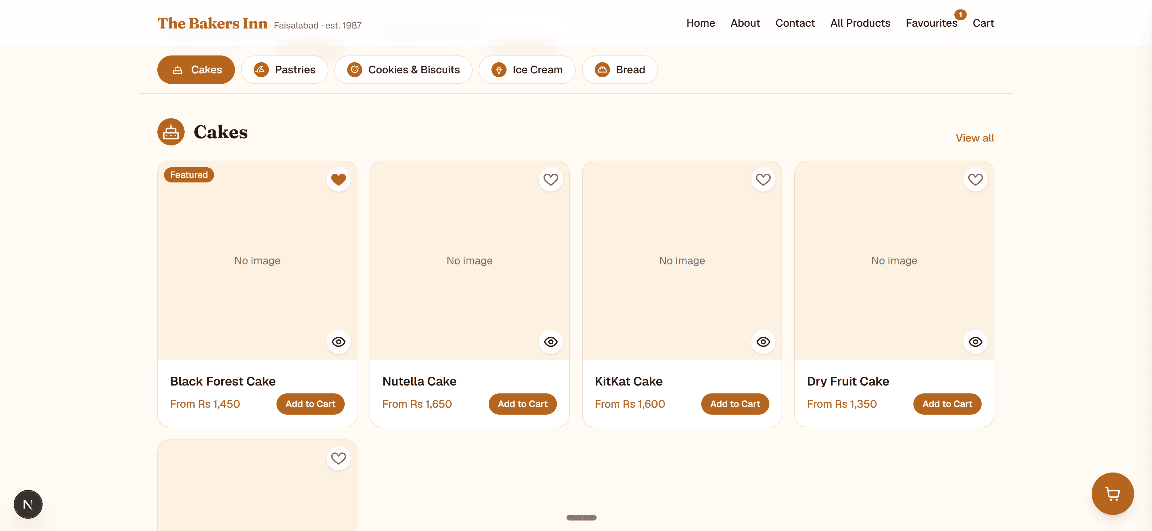 The Baker's Inn home page with product categories and featured cakes