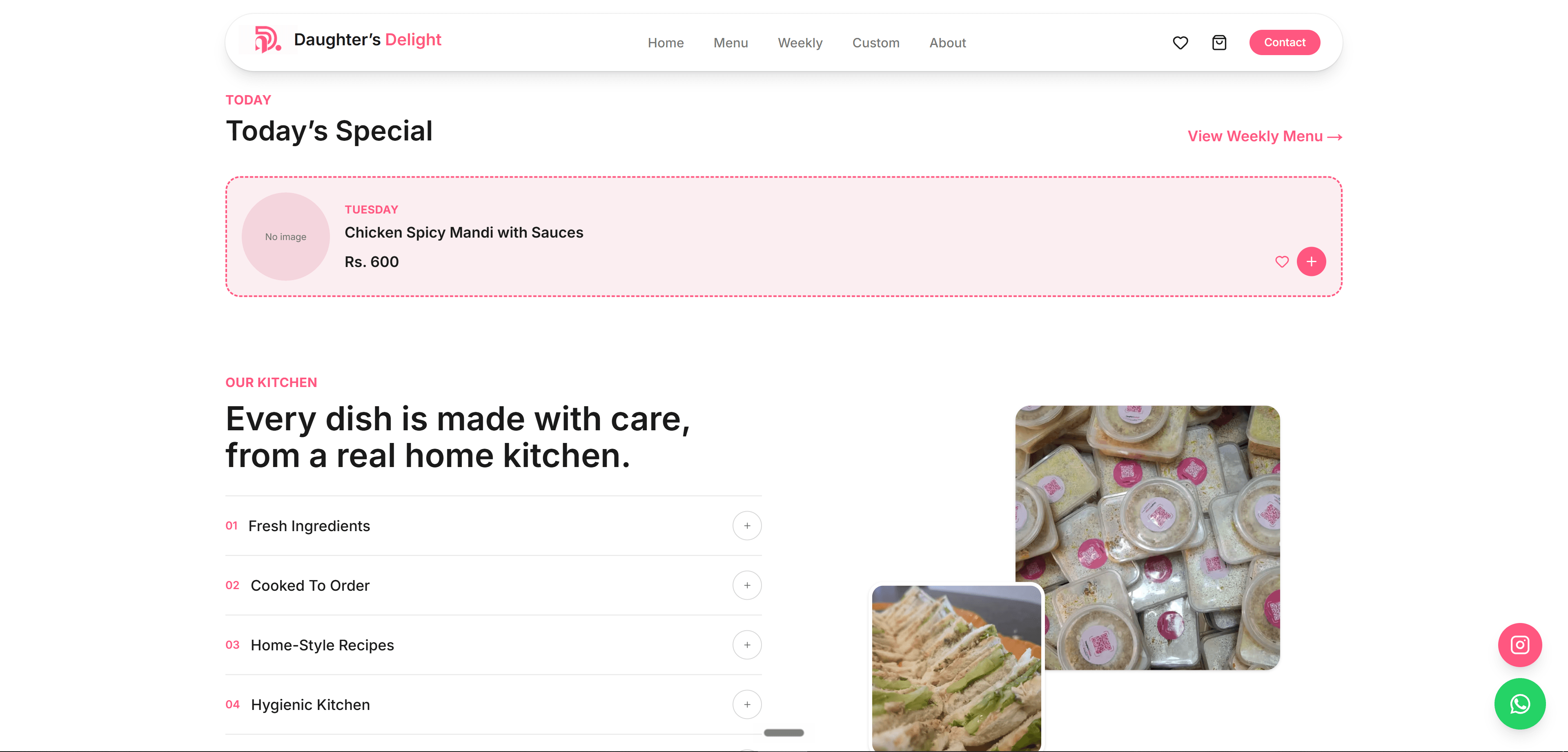 EatDDelight home page with today's special and home-kitchen story