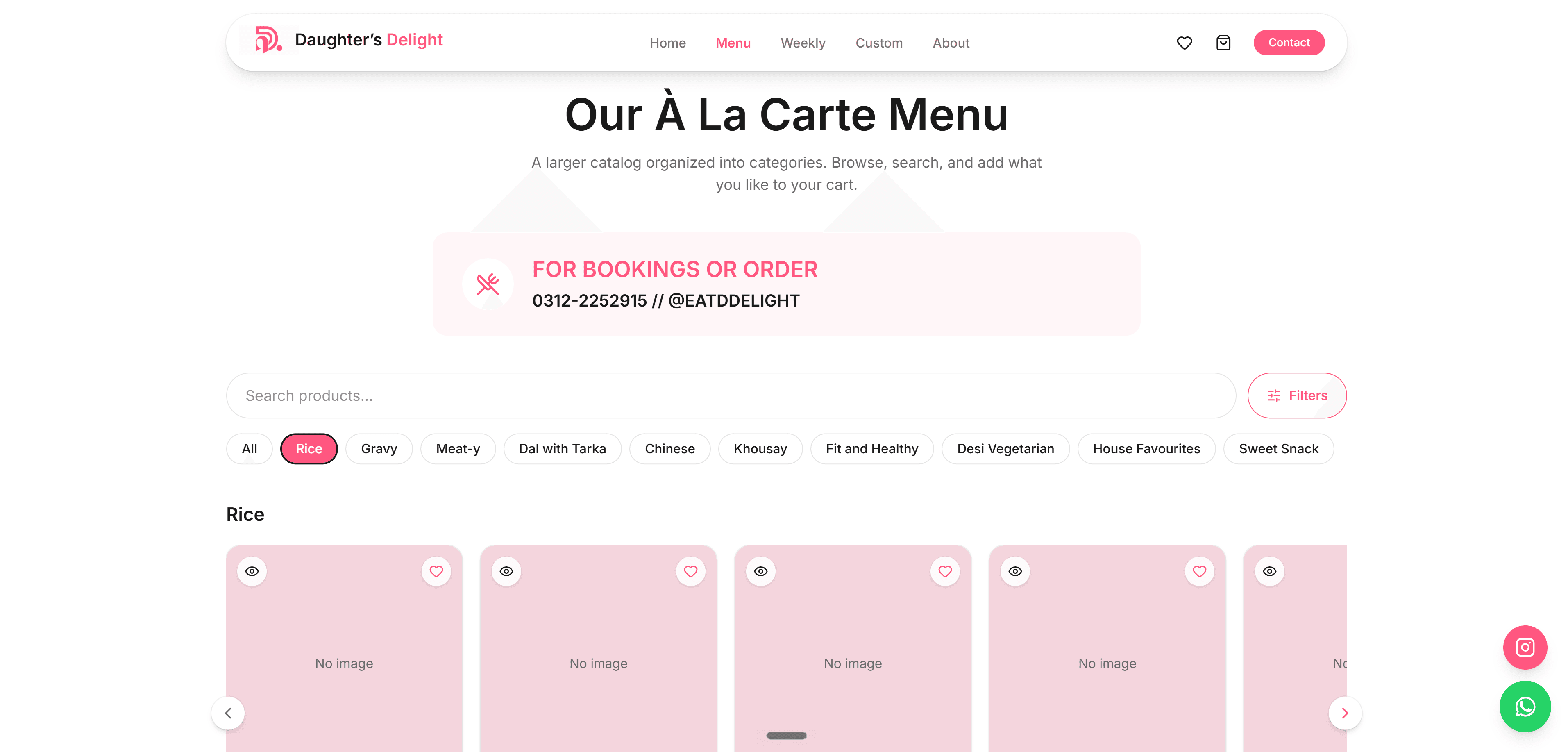 A la carte menu with category filters