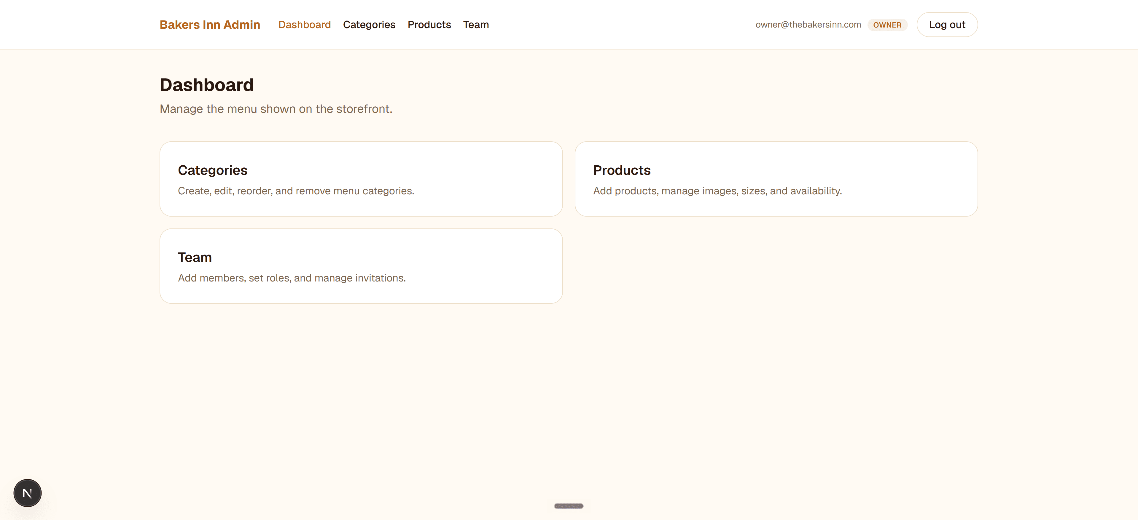 Owner dashboard linking to categories, products and team
