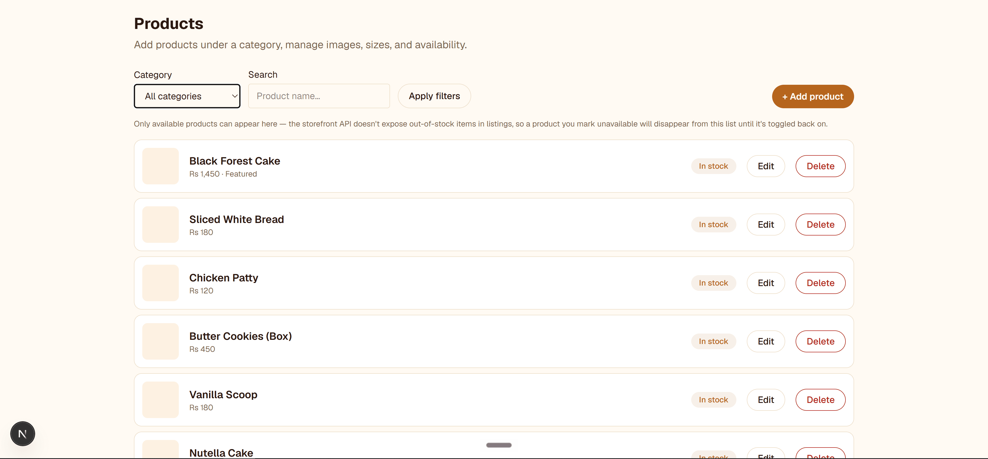 Admin product list with edit and remove actions