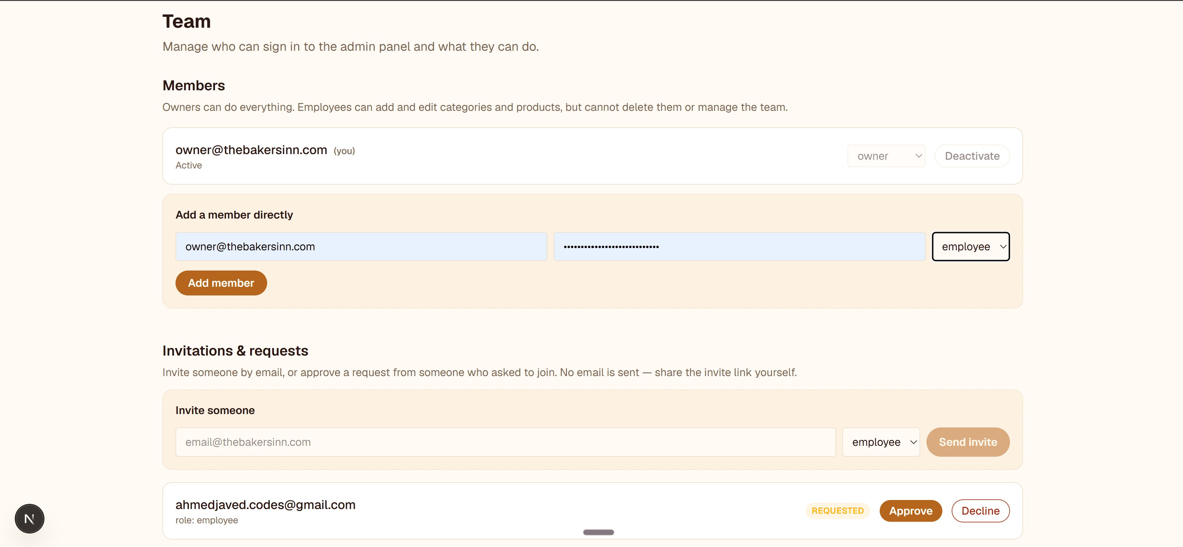 Team page for inviting staff and managing access