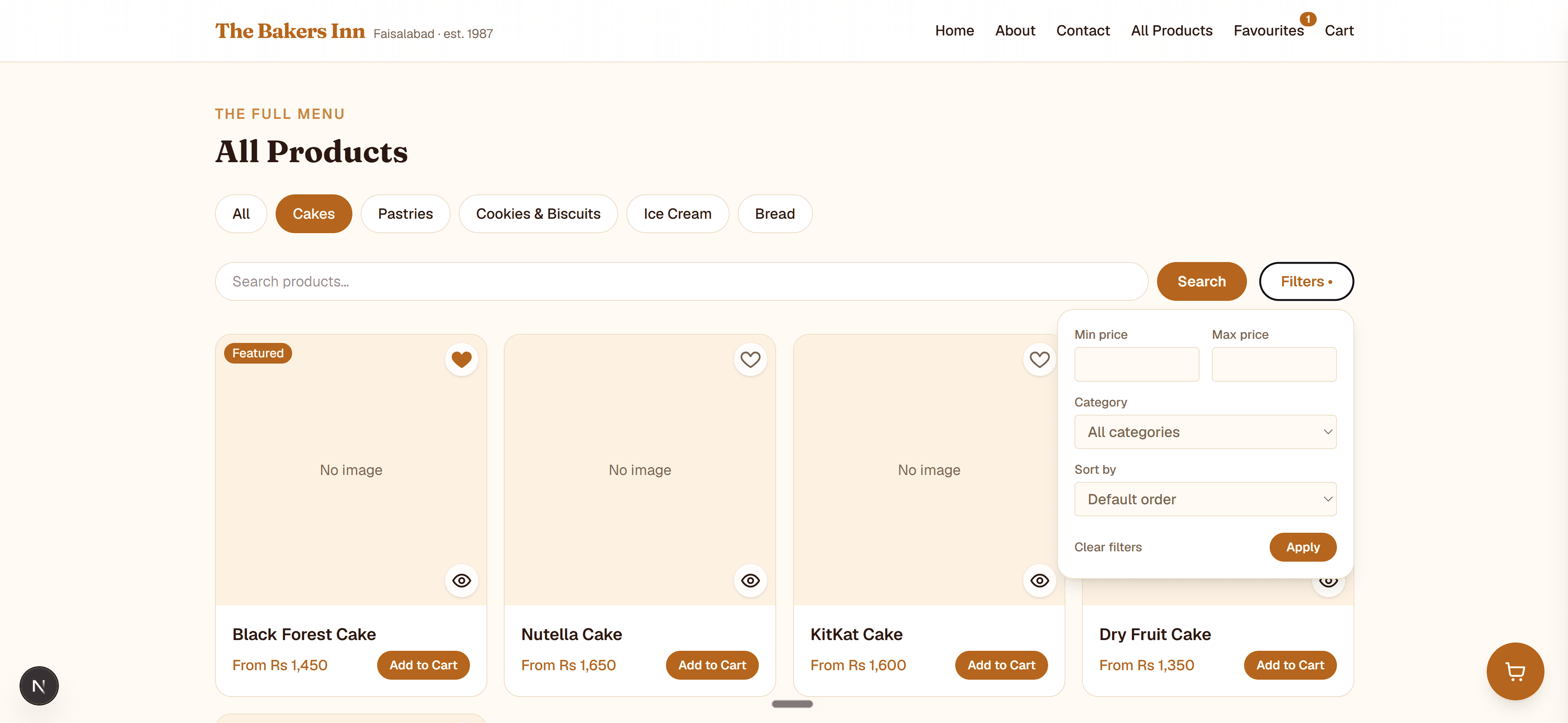 All products page with category filters and search