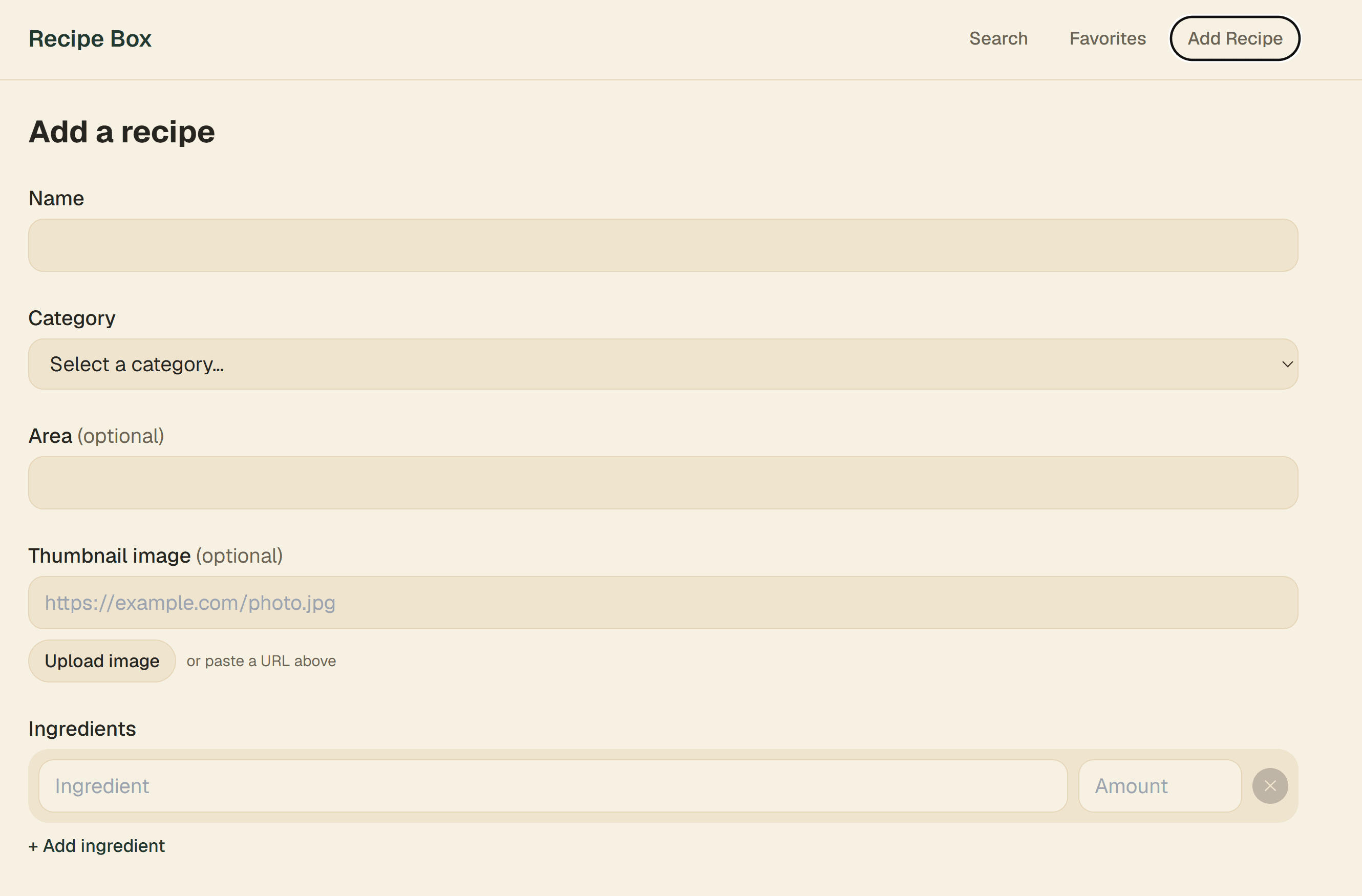 Add a recipe form with name, category, image and ingredients