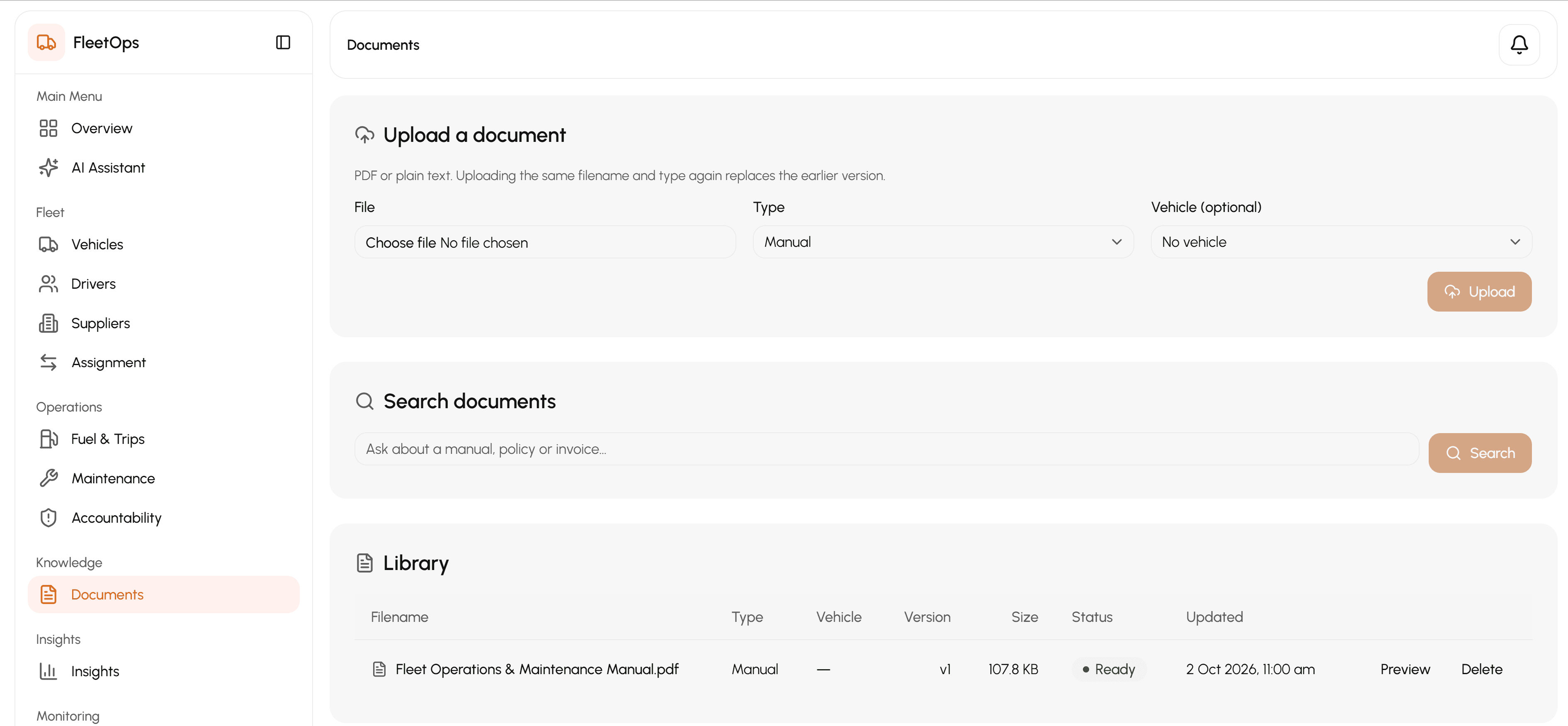 Document library where fleet files are uploaded and searched by the RAG pipeline